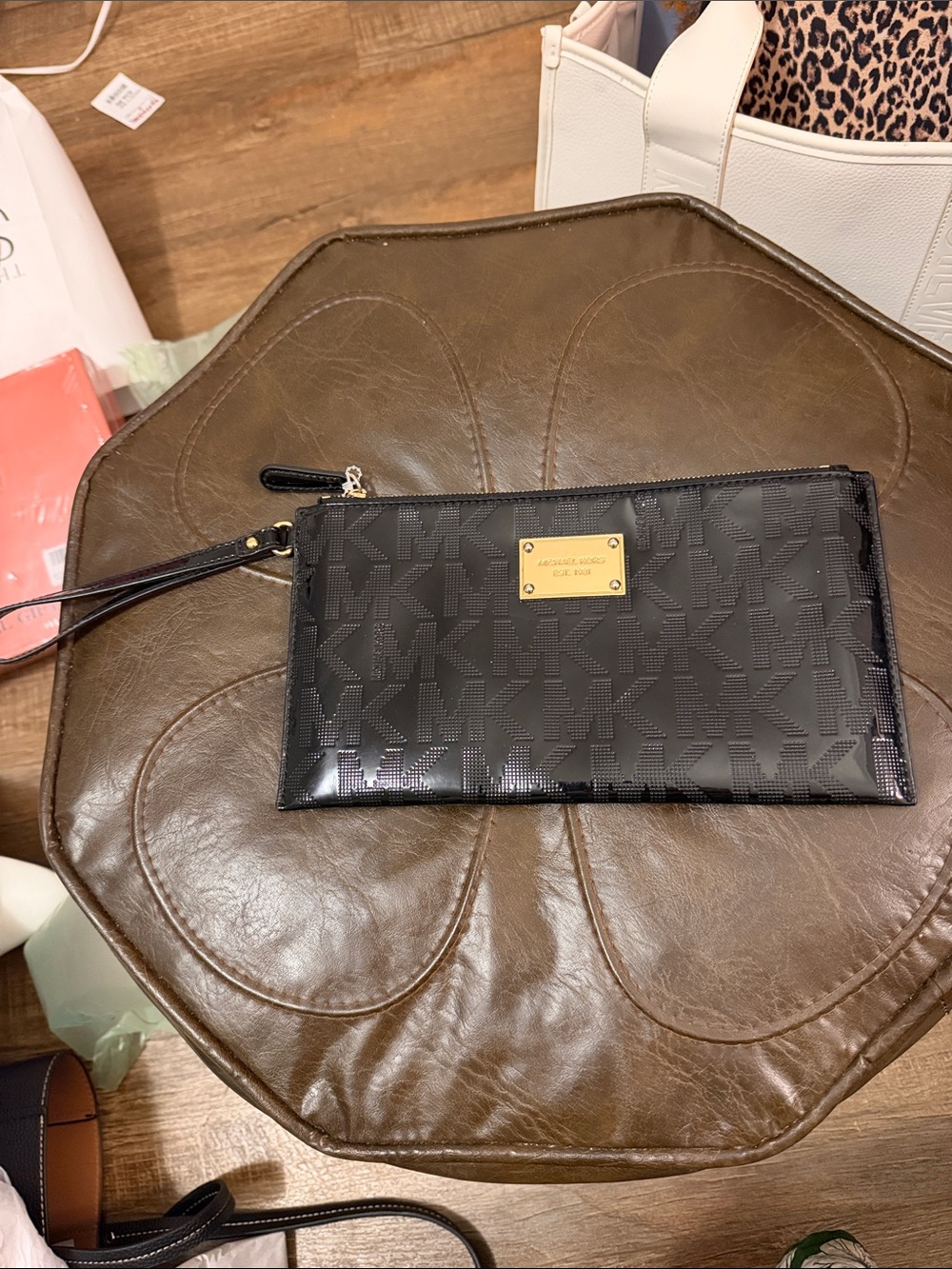 Michael Kors Black MK Logo Wristlet with Gold Plate